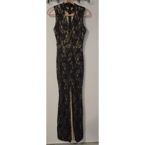 Windsor Black Lace Nude Lined Maxi Gown Womens S Formal Evening Prom Dress Slit - Picture 2 of 11